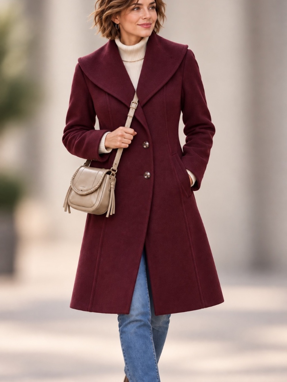 Anne Klein Wine/Burgundy Wool Blend A-Line Coat, Size 4 - like new